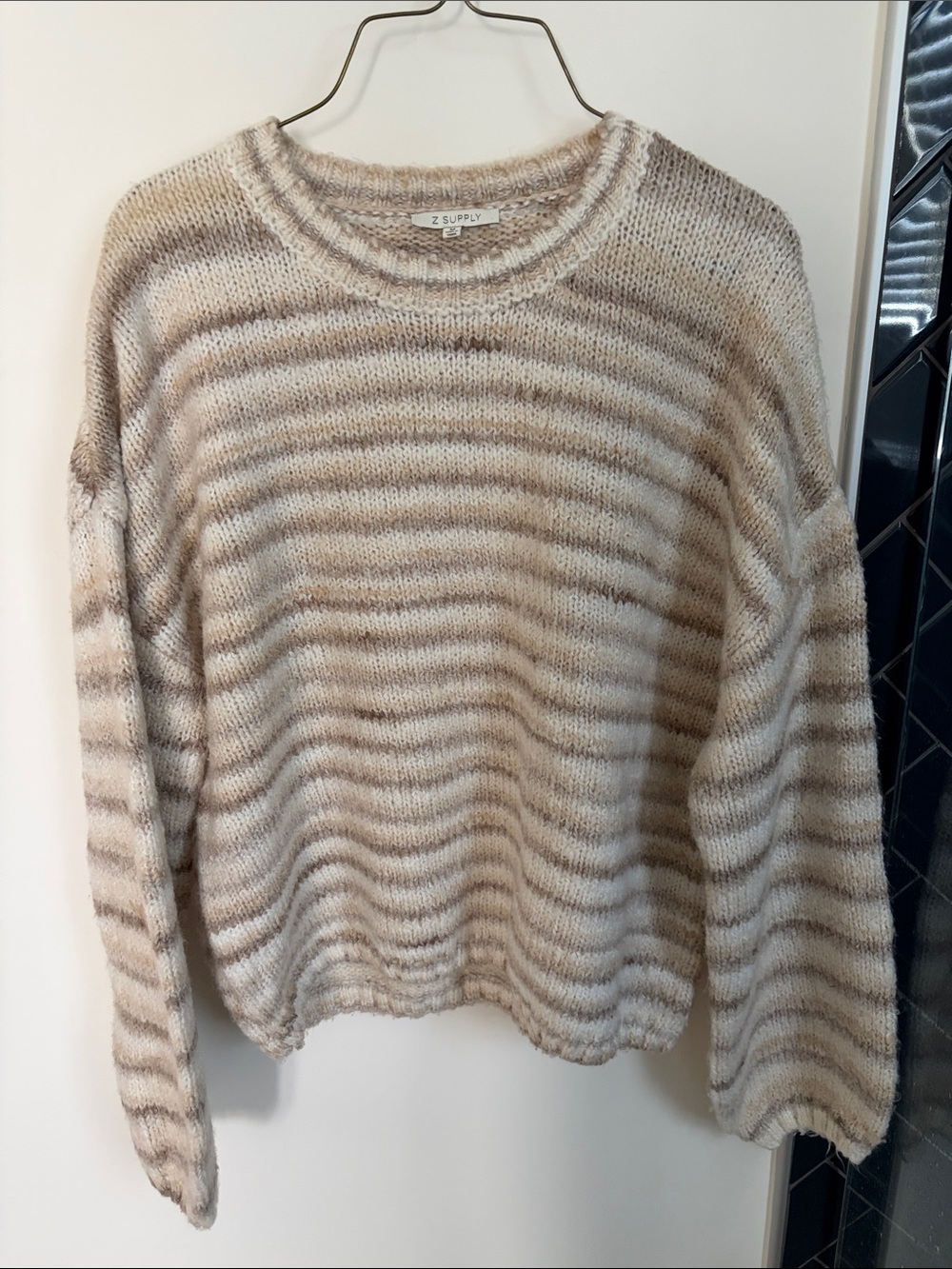 Z Supply Cream and Taupe Striped Crewneck Sweater